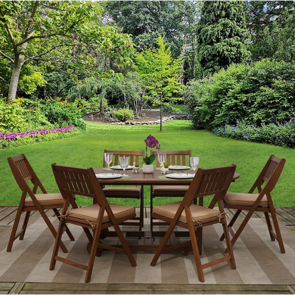 7-piece Outdoor Patio Furniture Fold-and-Store Patio Set with Beige Cushions and Cover